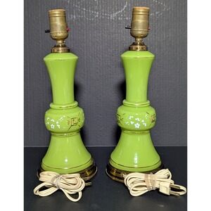 Vintage 1950's Working Pair of Hand Painted Green Glass & Brass Table Lamps